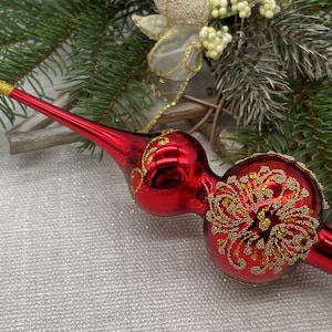 Small Red Christmas glass tree topper 7 inch, vintage tree topper Christmas, Glass Finial Xmas Tree top, Festive Spire Ornament, Tree decor