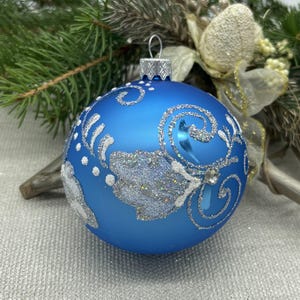 Blue Christmas glass ball ornament, Hand painted Xtmas glass decorations, traditional XMAS glass ornament, crafted Xtmas handmade 2025