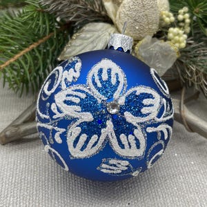 Blue Christmas glass ball ornament, Hand painted Xtmas glass decorations, traditional XMAS glass ornament, crafted Xtmas handmade 2025