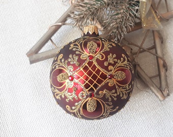 Red Christmas glass ball ornament, Hand painted Christmas glass decorations, traditional XMAS glass ornament, crafted Christmas handmade