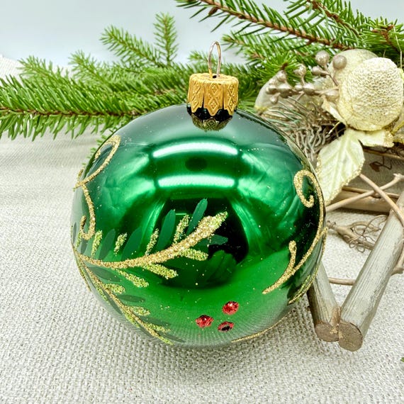 Grüner Glas Christbaumschmuck – Handgemachte Gestreifte Kugel – Eleganter Baumschmuck – Moderne Weihnachtsdeko