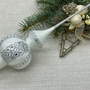 Big white Christmas glass tree topper 12 inch,Glass Finial Xmas Tree top, Festive Spire Ornament, Tree decor,vintage tree topper Christmas