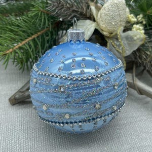 Blue Christmas glass ball ornament, Hand painted Xtmas glass decorations, traditional XMAS glass ornament, crafted Xtmas handmade 2025