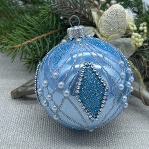 Blue Christmas glass ball ornament, Hand painted Xtmas glass decorations, traditional XMAS glass ornament, crafted Xtmas handmade 2025