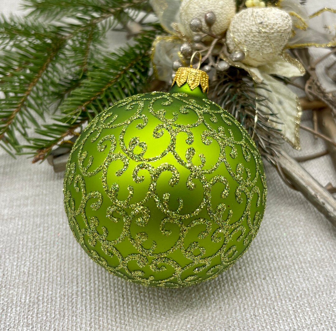 Green Christmas Glass Ball Ornament, Hand Painted Christmas Glass ...