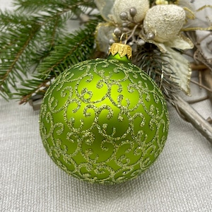 Green Christmas glass ball ornament, Hand painted Christmas glass decorations, traditional XMAS glass ornament, crafted Christmas handmade