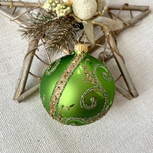 Green Christmas glass ball ornament, Hand painted Christmas glass decorations, traditional XMAS glass ornament, crafted Christmas handmade
