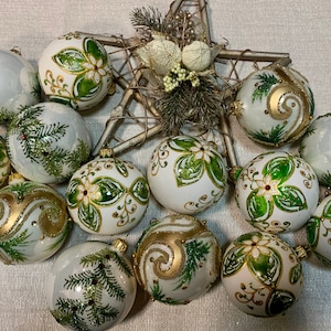 12 white green Christmas glass balls ornaments, Hand painted Christmas glass decorations,  XMAS glass ornament, crafted Christmas handmade