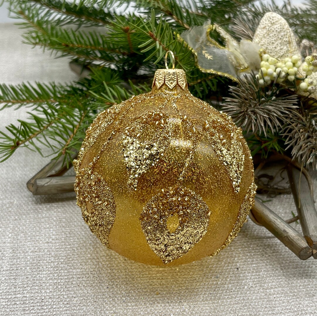 Gold Christmas Glass Ball Ornament, Hand Painted Christmas Glass
