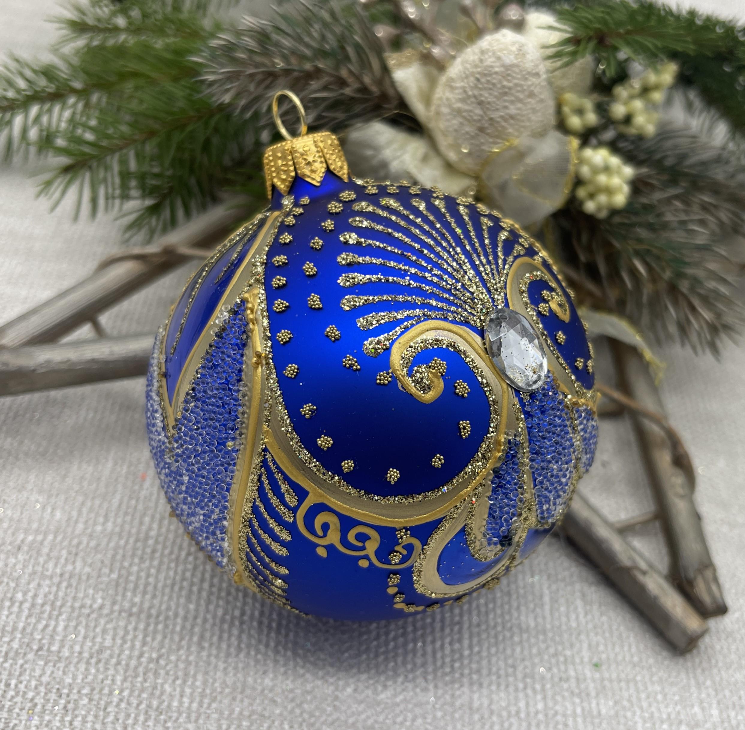 ブルーのクリスマスガラスボールオーナメント、手描きのクリスマス