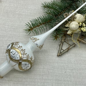 Big white Christmas glass tree topper 12 inch,Glass Finial Xmas Tree top, Festive Spire Ornament, Tree decor,vintage tree topper Christmas