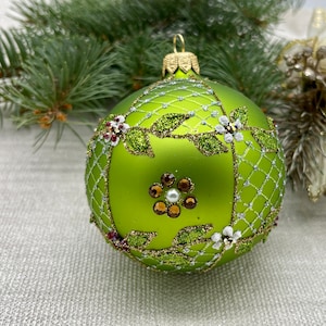 Green Christmas glass ball ornament, Hand painted Christmas glass decorations,  XMAS glass ornament, crafted Christmas handmade