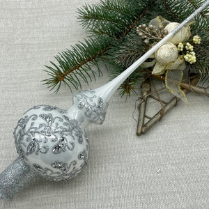 Big white Christmas glass tree topper 12 inch,Glass Finial Xmas Tree top, Festive Spire Ornament, Tree decor,vintage tree topper Christmas