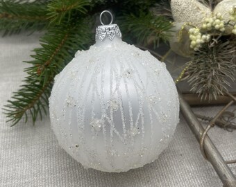 White with glitter Christmas glass ball ornament, handmade Christmas glass decorations, traditional XMAS gift, crafted decor 2024