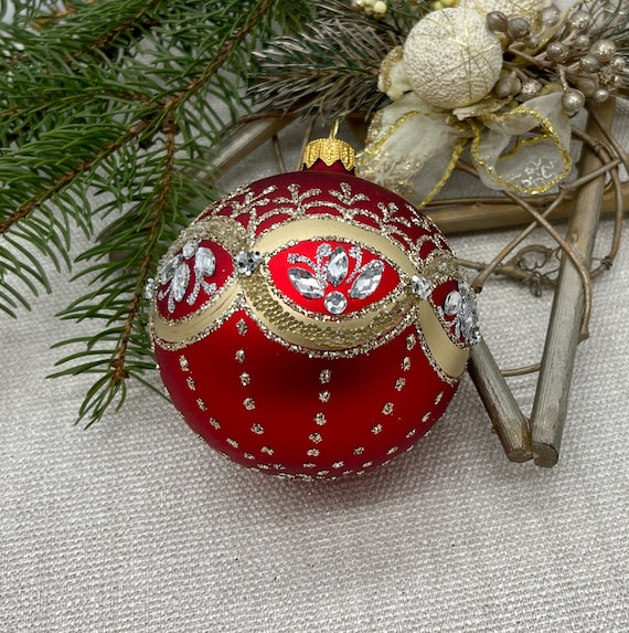 Rote Weihnachtsglaskugeln, handbemalte Weihnachtsdekorationen, traditionelle Weihnachtsglaskugeln, handgefertigte Weihnachtsdekorationen