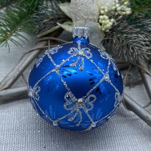 Blue Christmas glass ball ornament, Hand painted Xtmas glass decorations, traditional XMAS glass ornament, crafted Xtmas handmade 2025