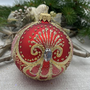 Handmade Red Glass Christmas Ornament – Elegant Christmas decor 2025– Luxury Holiday Tree Decoration – Vintage Style Bauble