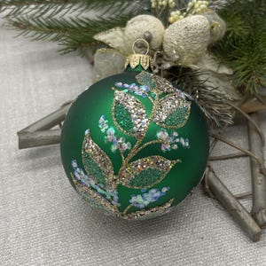 Green Christmas glass ball ornament, Hand painted Christmas glass decorations, traditional XMAS glass ornament, crafted Christmas handmade