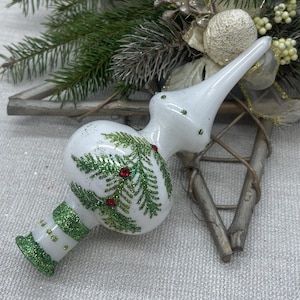 Small White with a green branch Christmas glass tree topper 7 inch, vintage tree topper Christmas, Glass Finial Christmas Tree top,XMAS 2025