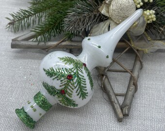 Small White with a green branch Christmas glass tree topper 7 inch, vintage tree topper Christmas, Glass Finial Christmas Tree top,XMAS 2025