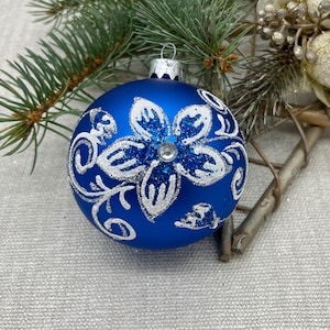 Blue Christmas glass ball ornament,  traditional XMAS glass ornament, crafted Christmas handmade, Hand painted Christmas glass decorations