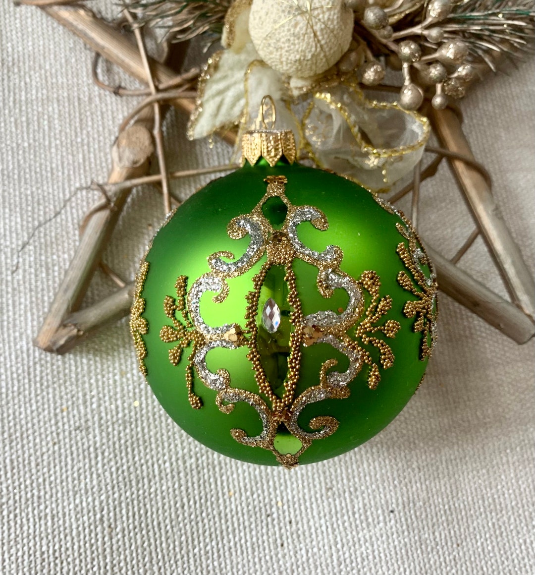 Green Christmas Glass Ball Ornament, Hand Painted Christmas Glass ...