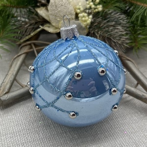 Blue Christmas glass ball ornament, Hand painted Xtmas glass decorations, traditional XMAS glass ornament, crafted Xtmas handmade 2025