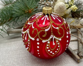 大きな赤い手描きのクリスマスガラスオーナメント、手作りのクリスマス