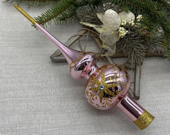Pink Christmas glass tree topper 9 inch, vintage tree topper Xtmas, Glass Finial Xmas Tree top, Festive Spire Ornament, Tree decor 2025