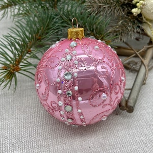 Pink Christmas glass ball ornament,traditional XMAS glass ornament, crafted Christmas handmade, Hand painted Christmas glass decorations