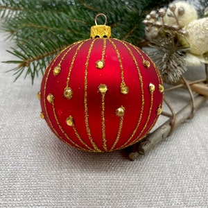 Red Christmas glass ball ornament, traditional XMAS glass ornament, crafted Christmas handmade, Hand painted Christmas glass decorations