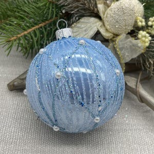 Blue Christmas glass ball ornament, Hand painted Xtmas glass decorations, traditional XMAS glass ornament, crafted Xtmas handmade 2025