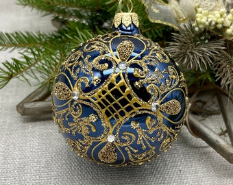 Blue Christmas glass ball ornament, Hand painted Christmas glass decorations, traditional XMAS glass ornament, crafted Christmas handmade