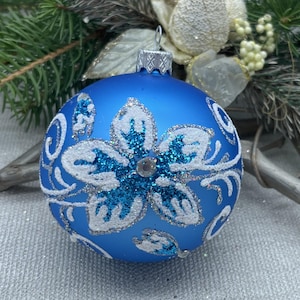 Blue Christmas glass ball ornament, Hand painted Xtmas glass decorations, traditional XMAS glass ornament, crafted Xtmas handmade 2025