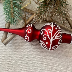 Small red Christmas glass tree topper 8 inch, vintage tree topper Christmas,Glass Finial Xmas Tree top, Festive Spire Ornament, Tree decor
