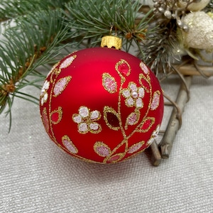 Red Christmas glass ball ornament,  traditional XMAS glass ornament, crafted Christmas handmade, Hand painted Christmas glass decorations