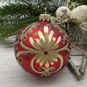 Handmade Red Glass Christmas Ornament – Elegant Christmas decor 2025– Luxury Holiday Tree Decoration – Vintage Style Bauble
