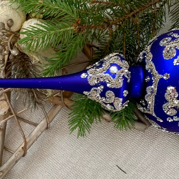 Big blue Christmas glass tree topper 12 inch,vintage tree topper Christmas,Glass Finial Xmas Tree top, Festive Spire Ornament, Tree decor