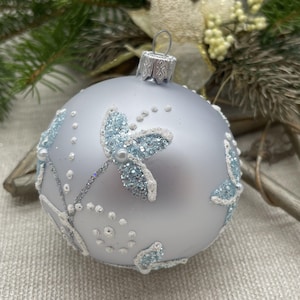 Light Blue Christmas glass ball ornament, Hand painted Xtmas glass decorations, traditional XMAS glass ornament, crafted Xtmas handmade 2025