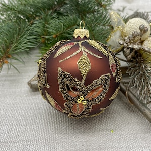 Brown with glitters Christmas glass ball ornament, Hand painted Christmas glass decorations, XMAS glass ornament, crafted Christmas handmade