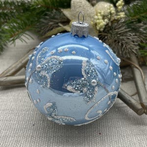 Blue Christmas glass ball ornament, Hand painted Xtmas glass decorations, traditional XMAS glass ornament, crafted Xtmas handmade 2025