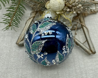 Blue Christmas glass ball ornament, Hand painted Christmas glass decorations, traditional XMAS glass ornament, crafted Christmas handmade