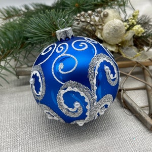 Blue Christmas glass ball ornament, traditional XMAS glass ornament, crafted Christmas handmade. Hand painted Christmas glass decorations