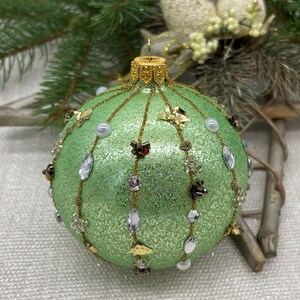 Green Christmas glass ball ornament, Hand painted Christmas glass decorations, traditional XMAS glass ornament, crafted Christmas handmade