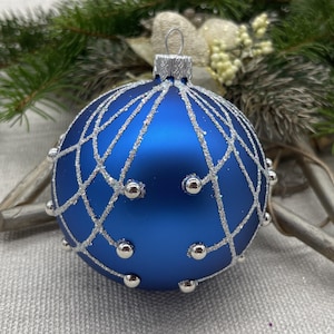 Blue Christmas glass ball ornament, Hand painted Xtmas glass decorations, traditional XMAS glass ornament, crafted Xtmas handmade 2025