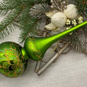 Green with gold Christmas glass tree topper 9 inch,Glass Finial Xmas Tree top,Festive Spire Ornament,Tree decor,vintage tree topper Xtmas