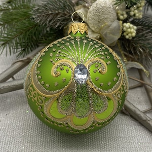 Green Christmas glass ball ornament, Hand painted Christmas glass decorations, traditional XMAS glass ornament, crafted Christmas handmade