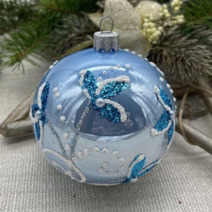 Blue Christmas glass ball ornament, Hand painted Xtmas glass decorations, traditional XMAS glass ornament, crafted Xtmas handmade 2025