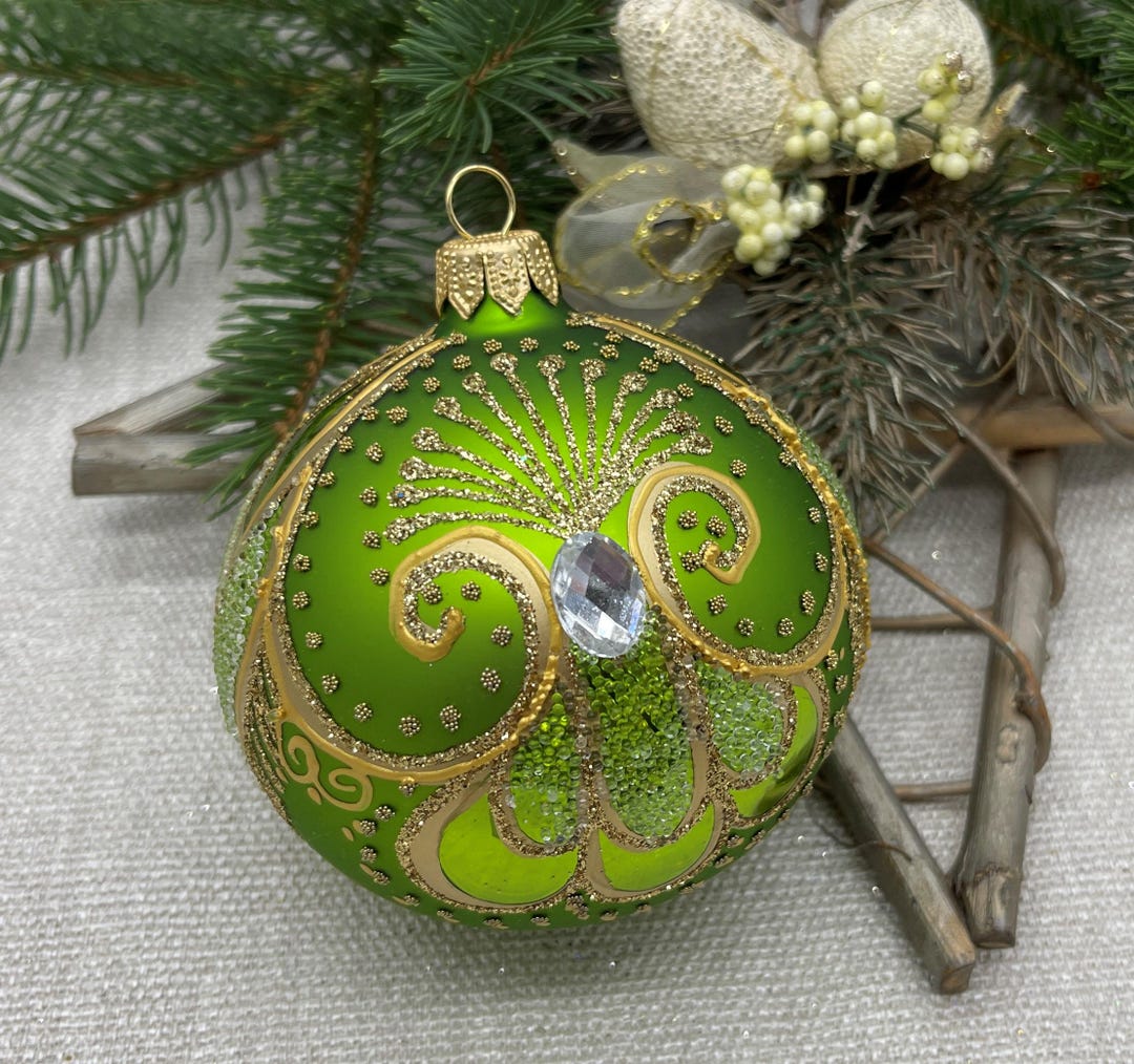 Green Christmas Glass Ball Ornament, Hand Painted Christmas Glass ...