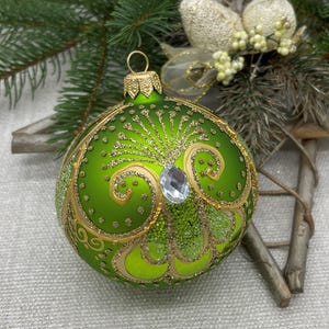 Green Christmas glass ball ornament, Hand painted Christmas glass decorations, traditional XMAS glass ornament, crafted Christmas handmade